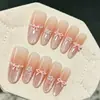 Pegatinas para Uñas Francesas Color Rosa Melocotón Romántico Ojo de Gato, con Perlas, Lazos y Corazones, Uñas Portátiles de 10 Piezas, Tendencia Caliente en Tiktok