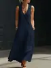 Vestido Longo de Algodão e Linho com Botões, Gola V, Estilo Preguiçoso, Estilo Europeu e Americano, Atravessando Fronteiras, TikTok, Primavera e Verão, Sem Mangas