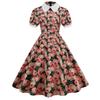 X Ropa elegante europea y americana para mujer verano nuevo cuello atado al tobillo cuello de muñeca manga corta estilo retro vestido estampado de longitud media