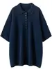 Suéter de punto de cachemira pura con cuello polo, botones al frente, puños enrollados, manga corta, estilo casual para mujer, corte holgado