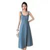 Foto Real de Falda de Peto de Mezclilla, Vestido de Longitud Media para Mujer, Azul Oscuro, Azul Claro, Gris, Retro, Nostálgico, Otro