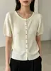 Camiseta de punto tipo cárdigan de lana acanalada de manga corta para mujer, verano, suave, adelgazante, elegante, moderno, corte ajustado, top versátil