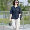 Camisa de Algodón con Cuello Polo Estilo Retro Nacional para Mujer, Conjunto Versátil de Top Bordado Holgado Adelgazante de Verano + Pantalones de Pierna Ancha para Mujer