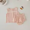 INS Verano Bebé Encaje Sin Mangas Chaleco Shorts conjunto Bebé Niña Algodón Lino Conjunto de Dos Piezas