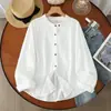 Camisa Larga de Manga Larga con Cuello Alto Artístico Retro de Doble Capa de Gasa de Algodón para Mujer, Botones de Madera, Suave, Amigable con la Piel, Transpirable, Top de Capa Base 100% Algodón