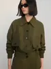 Jaqueta curta verde militar best-seller transfronteiriça europeia e americana para mulheres, com gola lapela, design de abotoamento simples, bolsos, cintura elástica e mangas compridas