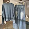 Conjunto de Moletom Jeans Estilo Relaxado com Calça Wide Leg Feminino Primavera & Outono Conjunto de Duas Peças, Conjunto Esportivo Casual