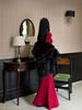 2026 Spring New Style Socialite Style High-Waisted V-Neck Cut-Out Long-Sleeved Knitted Long Dress Solid Color Tight-Fitting A-Line Dress