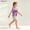 Conjunto de Ropa de Verano para Bebé Niña Gato de Dibujos Animados Camiseta + Pantalones Cortos Grises Claros con Estrellas Conjunto Casual de Manga Corta