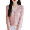 Cardigan de Tricô com Gola V de Lã e Seda, Manga Longa, Torcido, Cor Sólida, Solto, Versátil, Novo para Primavera e Verão 2025