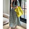 Vestido para Mujer 2025 Nuevo Vestido de Verano Estilo Japonés Retro Cuadros Cuello en V Holgado Look Adelgazante Extra Largo Falda Larga Descubierta