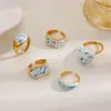 Anel Pintura Esmalte Vintage Padrão Azul e Branco Óleo para Mulheres, Novo Estilo Chinês Aberto Moda Personalidade Irregular Anel Transfronteiriço
