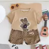 2024 Nuevo Verano Niños Cuello Redondo Estampado de Oso Manga Corta Casual Algodón Pantalones de Cinco Cuartos Conjunto de Dos Piezas Fabricante Venta al por Mayor