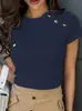Moda Feminina Elegante Europeia e Americana Transfronteiriça Nova para Primavera/Verão/Outono/Inverno com Botões Únicos, Blusa Casual de Cor Sólida com Gola Redonda e Manga Curta