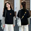 Camiseta de manga larga para niña, nueva colección de otoño 2026, estilo de dos piezas, algodón puro, ropa de otoño, capa base casual para niños mayores