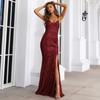 Vestido de Festa de Noite Feminino 2023 Verão Novo Lantejoula Alça Aberta Costas Nuas Sem Mangas Fenda Longa Vestido de Baile de Noite