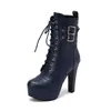 Hebilla de cinturón de cabeza redonda para mujer Botas de cuero europeas y americanas Cremallera lateral Botas de moda Botines Tacón alto grueso Zapatos de mujer 40-50 Botas de comercio exterior