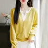 Cárdigan de punto fino con cuello redondo para mujer, de otoño e invierno, de cuatro agujeros, diseño artesanal de dos piezas falsas, chaqueta de punto versátil