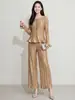 Conjunto de Dos Piezas para Mujer para el Trabajo, Top de Manga Larga a Rayas Verticales y Pantalones de Pierna Ancha, Conjunto Completo de Estilo Ligero y Maduro