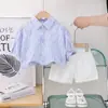 Ropa de Verano para Niños Pantalones Cortos Blancos Camisa de Algodón Delgada Rayada Azul Casual Simple para Niños Traje de Manga Corta para Gafas de Sol Transfronterizo