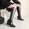 Botas de comércio exterior para outono e inverno, botas de couro versáteis de cano médio com bico fino, sola de borracha, salto plataforma, botas femininas com zíper traseiro, botas de moda transfronteiriças