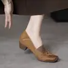 Zapatos de Salón de Estilo Femenino de 3.5 cm con Lazo y Punta Redonda, Tacón Grueso, Slip-On de Cuero para Mujer, Novedad Primavera y Otoño 2026