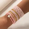 Pulseira feminina elástica multicamadas com contas de cor simples e elegante pulseira de cartão de papel cor de couro de vaca