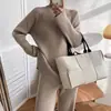 Conjunto de Dos Piezas para Mujer 2025 Estilo Nuevo Transfronterizo Estilo Perezoso Elegante Color Puro Casual Elegante Abertura Suéter de Punto Pantalones de Pierna Ancha