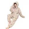 Pijama Retro Estilo Preguiçoso Urso Estampa Leopardo com Capuz Fleece de Coral para Mulheres, Novo Outono e Inverno Espessado Quente Roupa de Casa