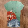 Estampa de Arte de Guarda-chuva de Flor de Cerejeira Retrô Camiseta Feminina Manga Curta Decote V Estampa de Flor de Cerejeira Personalização de Peça Única Pedido Mínimo