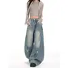 Jeans Azules Rasgados Estilo Retro Americano para Mujer, Temporada Primavera 2026, Adelgazantes Sueltos High Street de Pierna Ancha hasta el Suelo