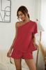 Moda Femenina Verano 2026 Sitio Independiente de Amazon Chica Sexy Atrevida Hombros Descubiertos Manga Corta Asimétrico Hombros Descubiertos Casual Conjunto de Dos Piezas