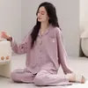 Pijama feminino de primavera e outono, algodão puro, manga longa, fino, pode ser usado fora de casa, estilo cardigã, xadrez, simples, novo estilo, conjunto de roupa de casa 100% algodão