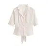 Camisa Jacquard Rayada Estilo Traje con Cuello y Mangas Medias, Nuevo Estilo de Verano, Ceñida a la Cintura, Lazo en la Espalda, Corte Delgado, Elegante