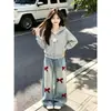 Traje Casual de Moda Primavera y Otoño Estilo Nuevo Dulce Personalidad Lunares Chaqueta con Capucha Lazo Jeans Conjunto de Dos Piezas