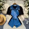 Camisa Jeans Patchwork Vintage Estilo Retrô Francês para Mulheres, Manga Curta de Verão, Ajuste na Cintura, Amarrações, Emagrecedor, Top Estilo para o Dia a Dia