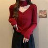 Puro deseo cuello en V adelgazante manga abullonada suéter interior top halter mujer primavera nuevo elegante rojo suéter moda