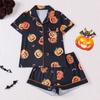 Comércio Exterior Transfronteiriço Novo Pijama Feminino Europeu e Americano Halloween Estampado Lapela Manga Curta Shorts Conjunto Europeu e Americano para Usar em Casa