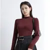 Nova blusa interna de gola semi-alta para mulheres, estilo primavera e outono, camisa básica de cor sólida slim fit, camiseta de manga longa canelada de alta elasticidade