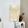 Suéter de Punto de Lana Color Claro con Lentejuelas, Cuello en V, Trenzado y Mangas Largas, Ajuste Delgado