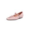 Zapatos Huecos con Tacón Grueso de Cuero de Vaca de Nuevo Estilo Primavera y Verano Color Macarrón Forma de T para Mujer con Falda