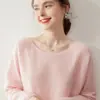 Suéter feminino de caxemira novo estilo preguiçoso, malha solta sem costura, gola redonda, pulôver, top de lã fino, versátil