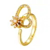 Anillo Giratorio de Zirconia Cruzada de Cobre Abierto Microincrustado para Mujer, Diseño de Flor con Forma de Corazón, Estilo Europeo y Americano, Chapado en Oro Real, Diseño Giratorio