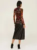 Top de malla floral retro popular transfronterizo europeo y americano para mujer, de cuello alto, manga larga, elástico, ajustado, transparente, camiseta base para superponer