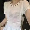Blusa redonda doce de verão estilo coreano com decoração de seda gelada, emagrecedora e estilo salgado, suéter de tricô fino vazado para mulheres
