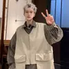 Camisa Listrada Falsa de Duas Peças Masculina Verão 2024 Nova Estilo Japonês Retro Tendência Marca Roupa de Trabalho Colete Camisa de Manga Longa Jaqueta