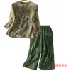 Novo top bordado de algodão e linho plus size feminino, soltinho e modelador, moderno + calça longa de algodão e linho, conjunto elegante