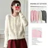 Cardigan Tricô Pesado com Bordado à Mão Gola Redonda Dopamina Crochê 3D Silhueta Top Cardigan de Lã de Alpaca