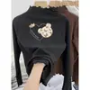 Camiseta Tendência Outono e Inverno em Veludo Alemão de Manga Longa com Bordas Franzidas para Bebês Meninas, Blusa Interna Fashion, Camiseta Básica Casual para Meninas