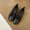 Zapatos planos de ballet retro para mujer, color negro, con remaches, lazo, textura de piel de cordero, cepillados y desgastados, suela plana, corte bajo, estilo Mary Jane